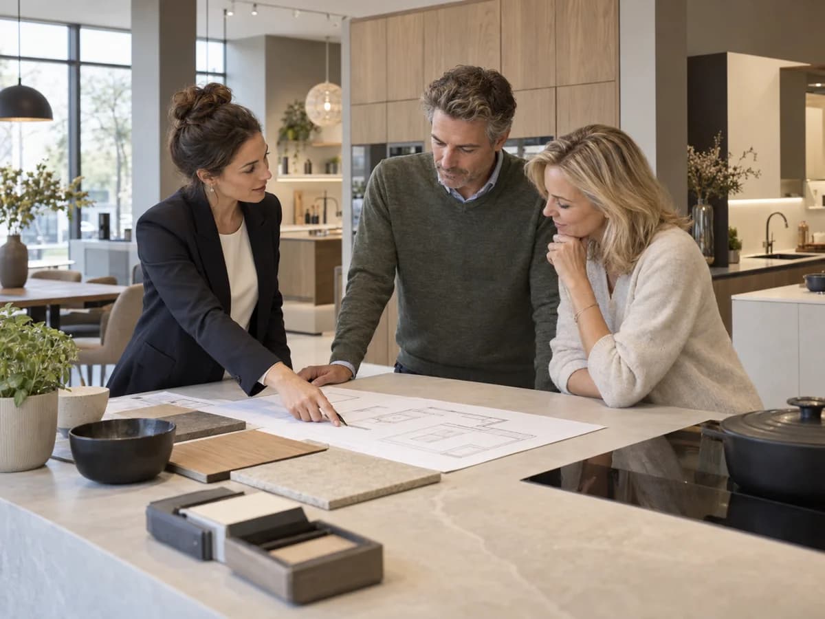 Keukenadviseur bespreekt met een stel de planning in een lichte keukenstudio. Illustratief AI-beeld.